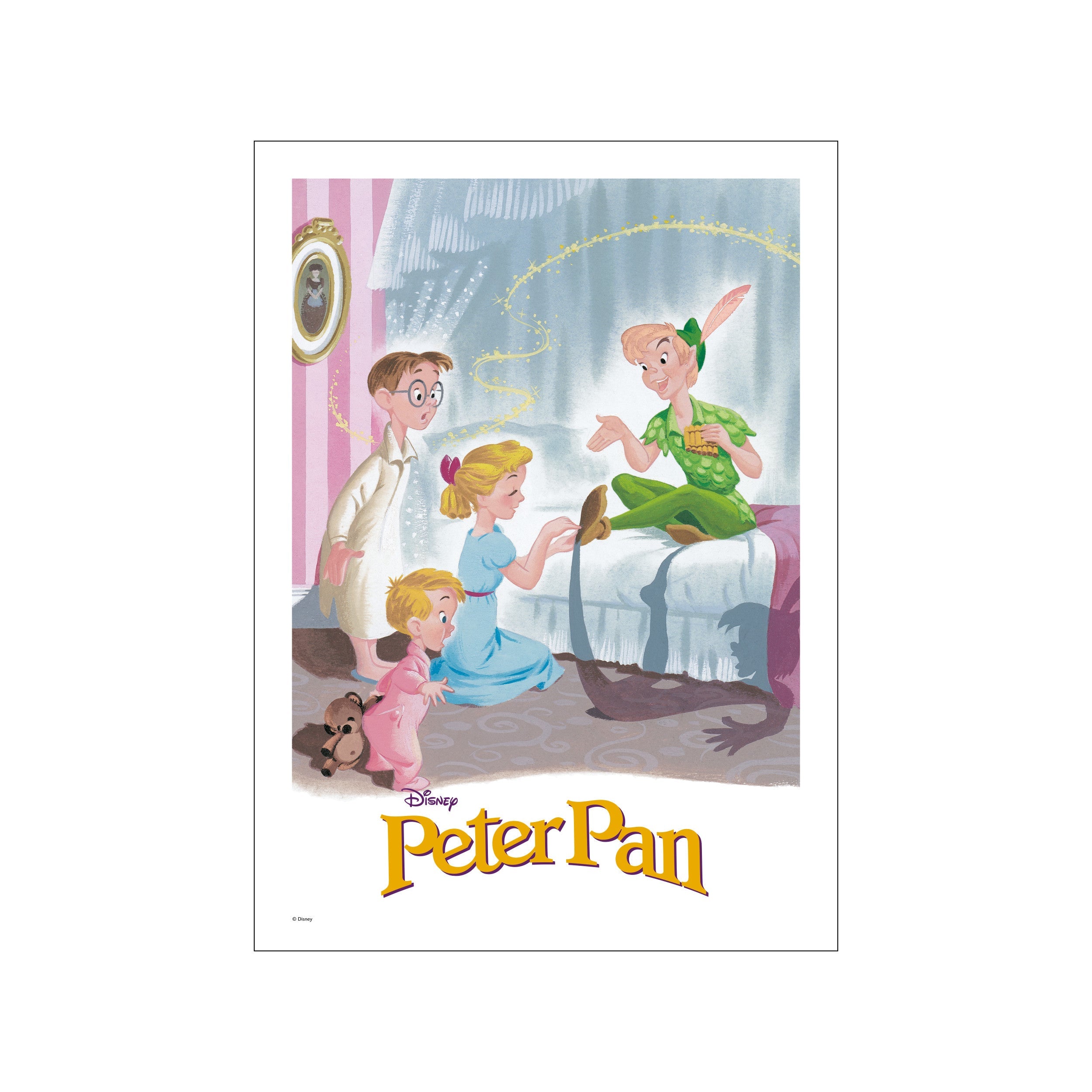 Peter Pan sharing his magic with Wendy and John in a nursery setting, rendered in soft blues, pinks, and golden accents, creating a whimsical and dreamlike visual.