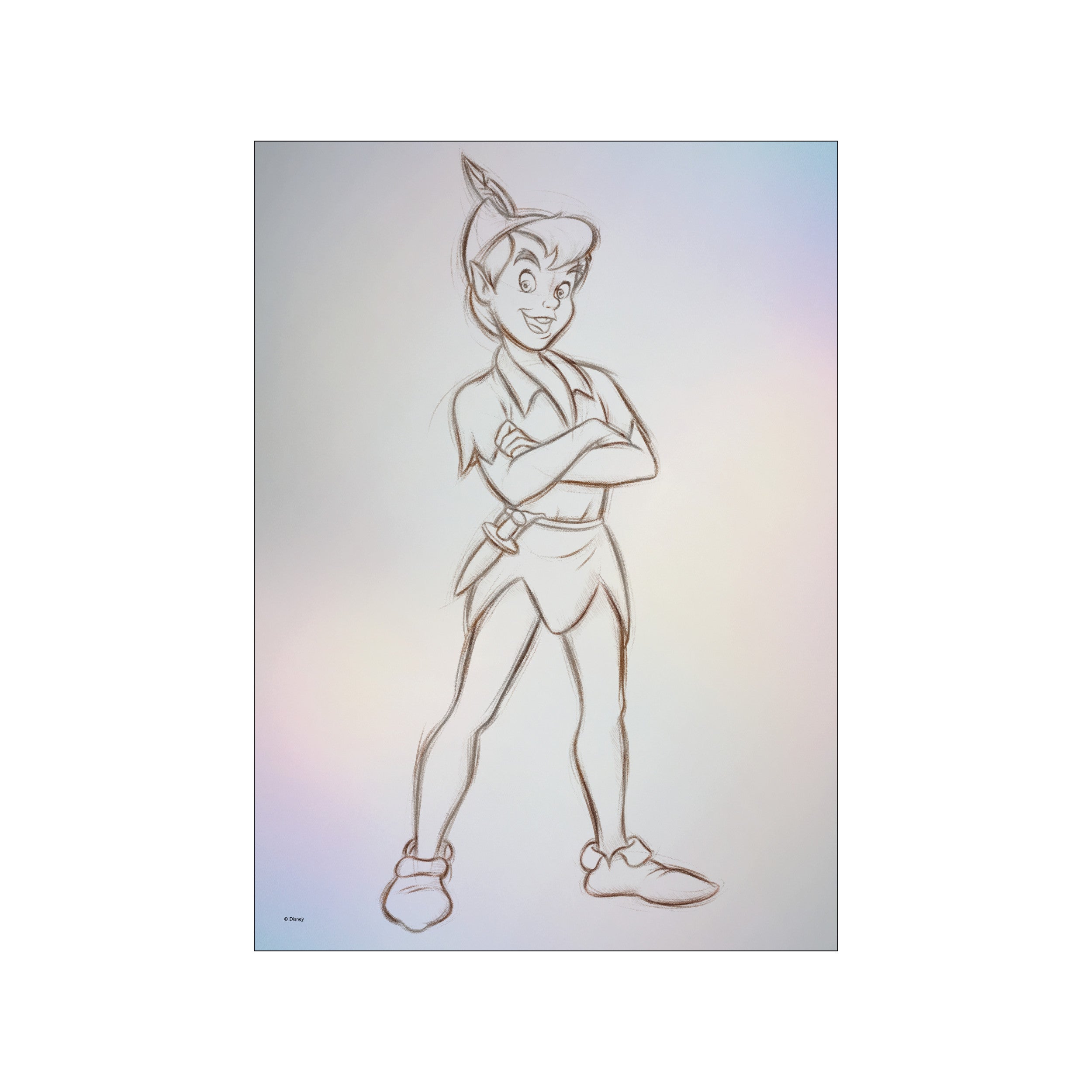 A pencil sketch of Peter Pan with his arms crossed and a playful smile, set against a softly blended pastel background evoking a dreamy, whimsical atmosphere.