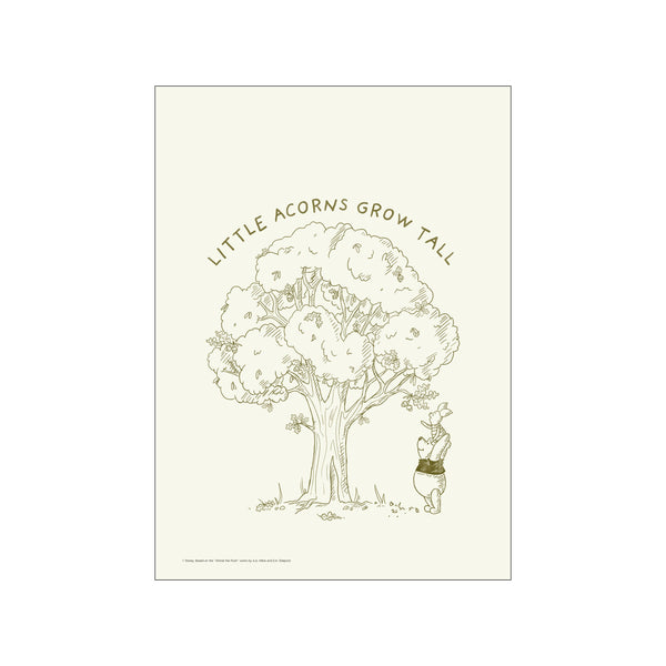 A sepia-toned sketch of Disney's Piglet standing beside a large oak tree with acorns, beneath the quote 'Little Acorns Grow Tall.' Evokes a gentle, nostalgic, and whimsical mood for decor.