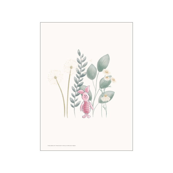 A gentle watercolor illustration features Disney's character Piglet standing happily amidst a backdrop of soft green leaves, fluffy white dandelions, and small daisy-like flowers on a light, creamy background.