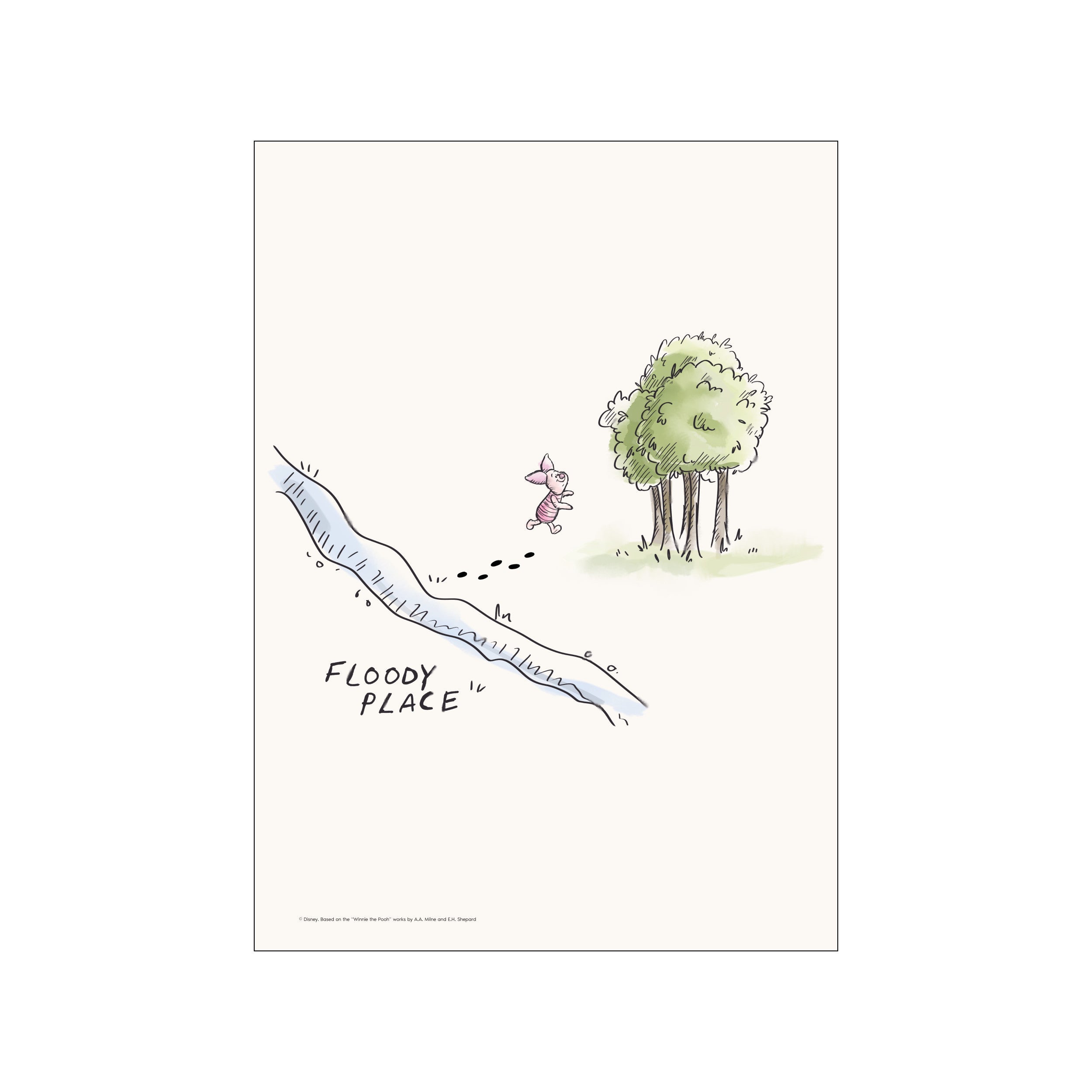 Piglet, the small pink character, walks beside a winding stream labeled 'Floody Place' near a cluster of trees, rendered in a soft, watercolor style.