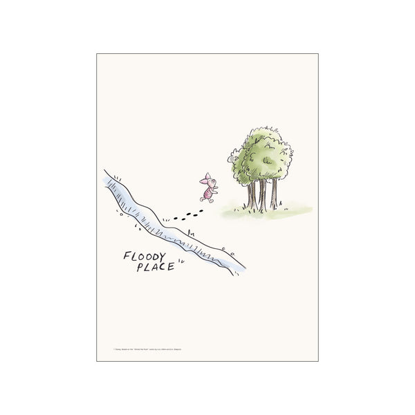 Piglet, the small pink character, walks beside a winding stream labeled 'Floody Place' near a cluster of trees, rendered in a soft, watercolor style.