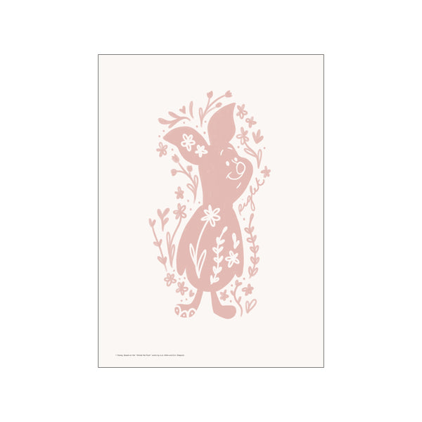 A shy Piglet silhouette rendered in soft blush pink, surrounded by delicate line-drawn flowers and leaves against a cream background, evoking a sense of sweet nostalgia and gentle wonder.