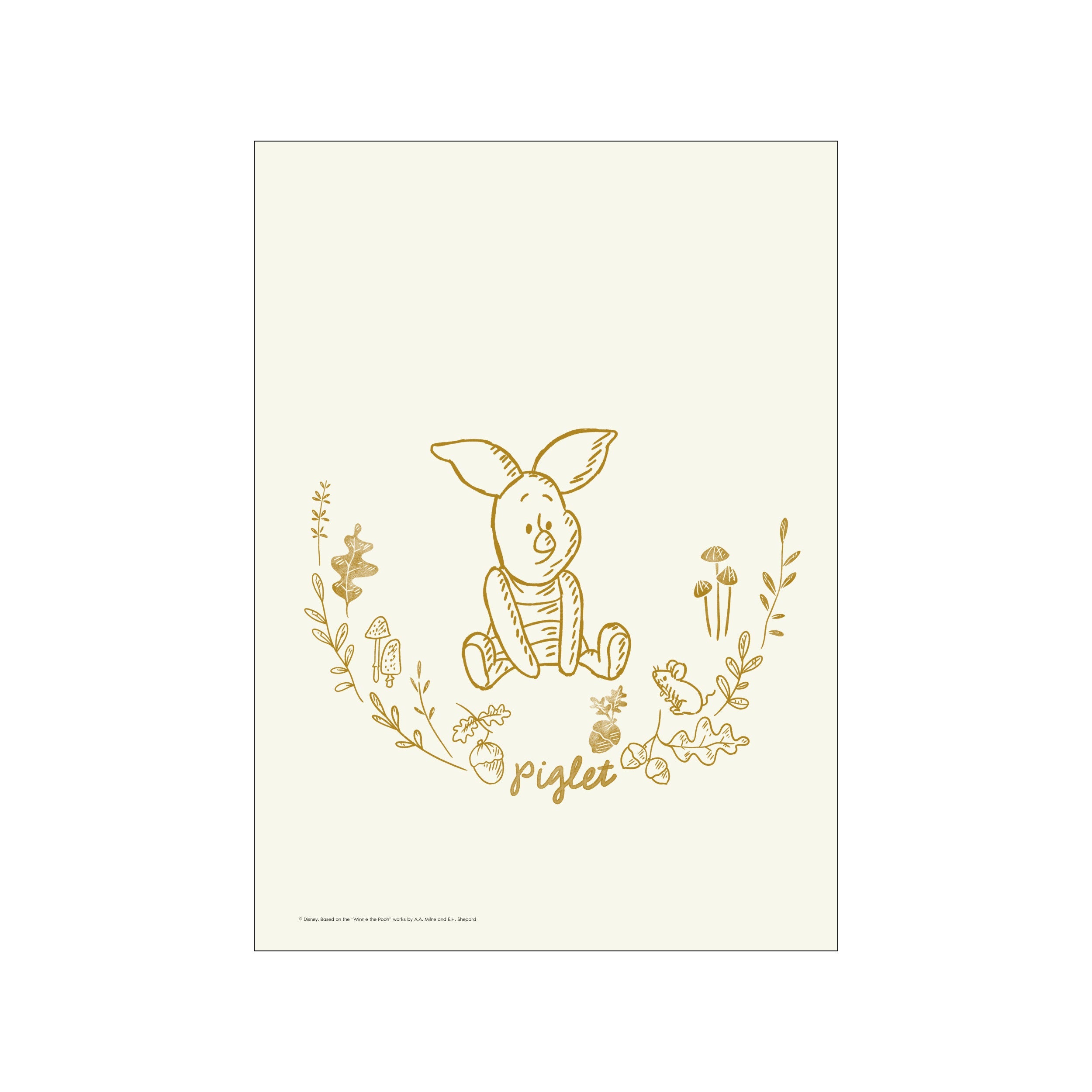 A whimsical line drawing of Disney's Piglet sitting inside a floral and acorn wreath, with mushrooms and leaves scattered around, all in a soft golden hue on an ivory background.