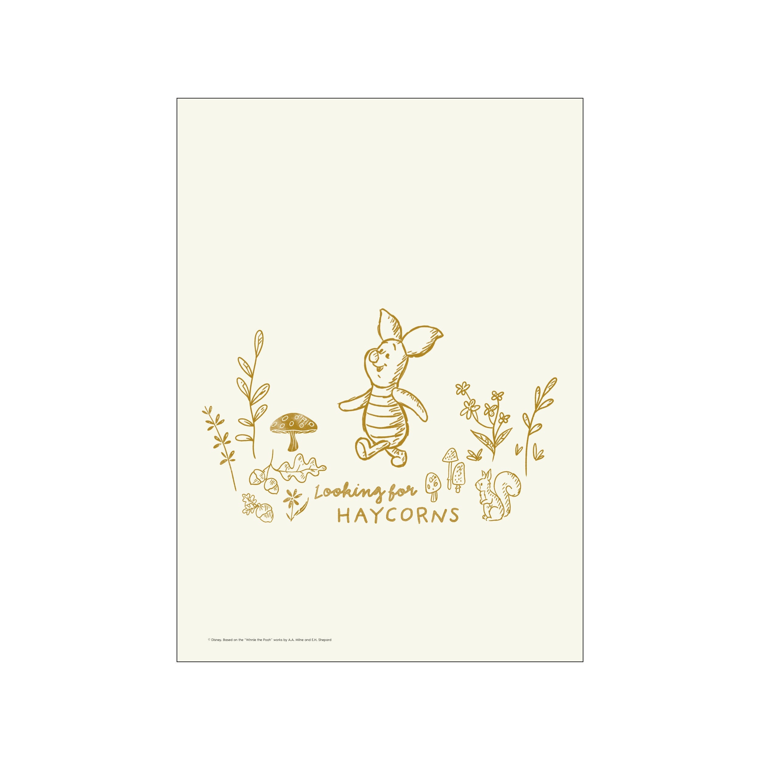 A charming sketch of Disney's Piglet in a golden hue, searching for haycorns amidst whimsical forest elements like mushrooms and leaves, evoking a gentle and nostalgic atmosphere.