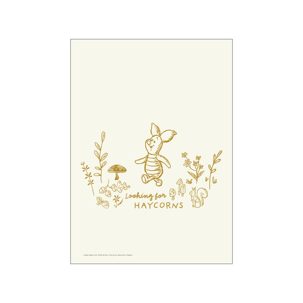 A charming sketch of Disney's Piglet in a golden hue, searching for haycorns amidst whimsical forest elements like mushrooms and leaves, evoking a gentle and nostalgic atmosphere.