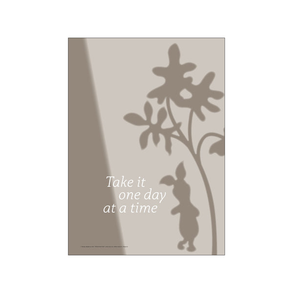 A shadow silhouette of Disney's Piglet looking up at stylized flowers, with the text 'Take it one day at a time' in elegant script against a taupe background.