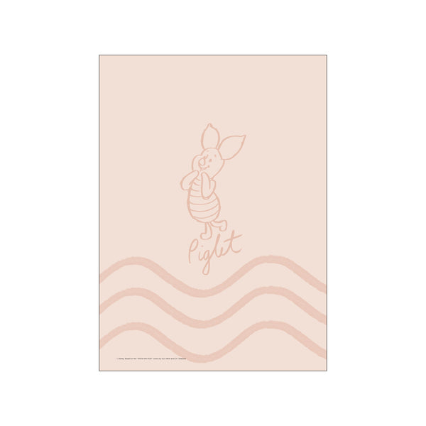 A minimalist illustration of Disney's Piglet in outline on a soft pink background, with textured wave-like patterns in a slightly darker pink below. The name 'Piglet' is written in a flowing script.