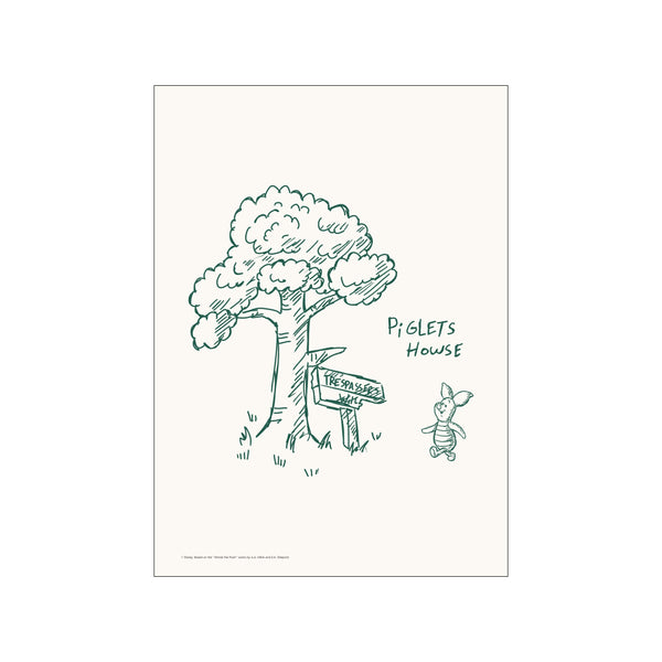 A charming, hand-drawn sketch in forest green features a fluffy tree with a 'Trespassers Will' sign and a joyful Piglet walking nearby against a creamy background.