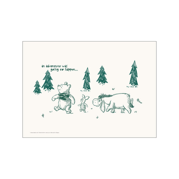 Winnie the Pooh, Piglet, and Eeyore walk through a whimsical forest under a sky that hints 'an adventure was going to happen...', rendered in simple teal line art on a cream background.