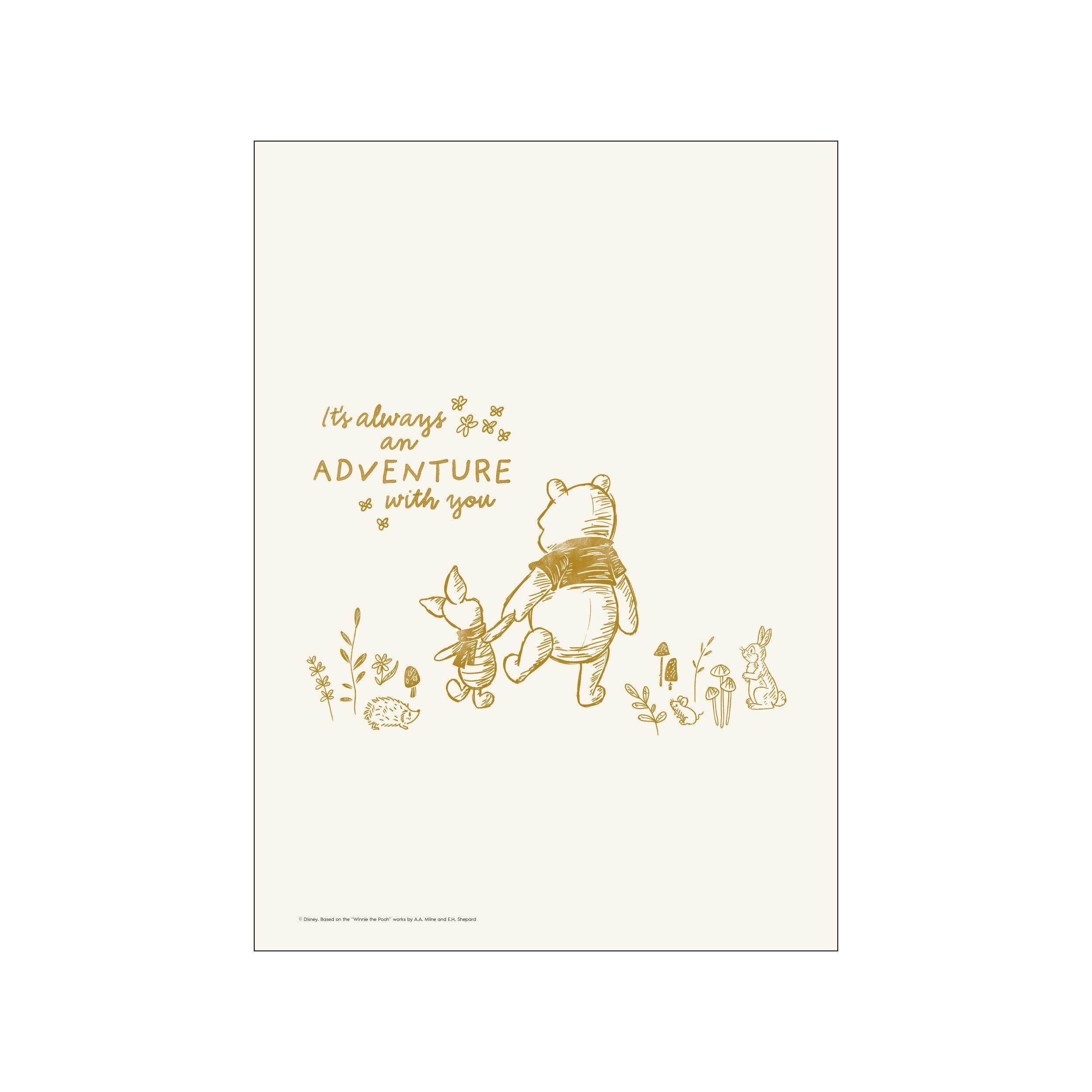 Winnie the Pooh and Piglet holding hands, walking through a whimsical forest scene with woodland animals. Rendered in delicate gold lines on a creamy background, evoking a sense of sweet adventure and companionship.