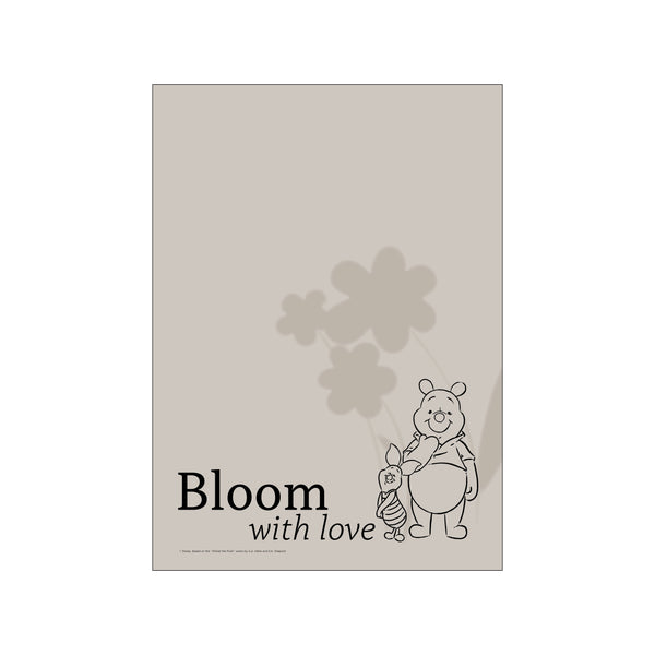 Line art of Winnie the Pooh holding Piglet tenderly, with faint flower shadows, set against a soft, neutral background. A simple, heartwarming, and nostalgic illustration.