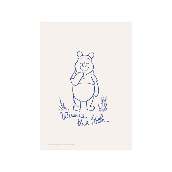 A blue line drawing of Winnie the Pooh smiling with his paw near his chin, standing amidst simple sketched grass on a soft cream background. The words 'Winnie the Pooh' are written below in blue.