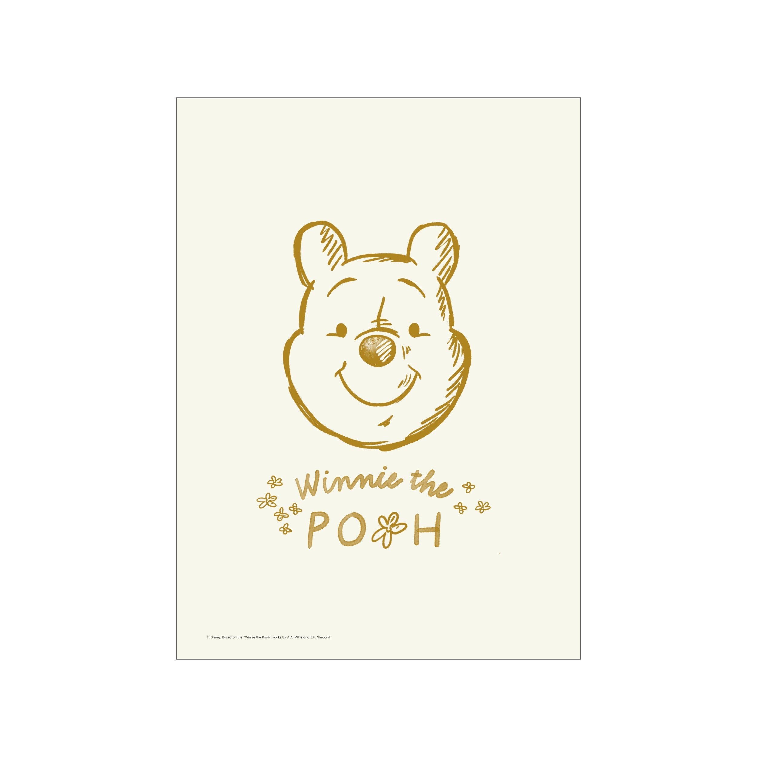 A sketch of Winnie the Pooh's face in warm gold tones on a creamy background, with 'Winnie the Pooh' written in charming script and floral accents. Evokes nostalgia and gentle whimsy.