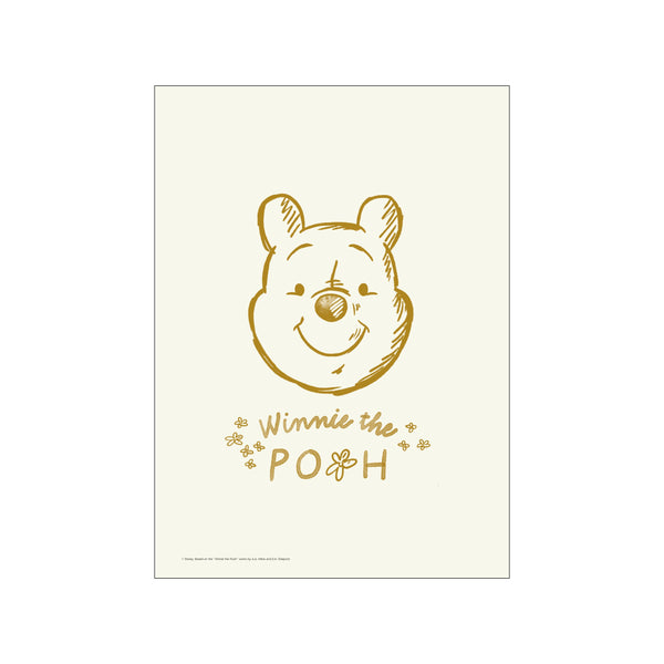 A sketch of Winnie the Pooh's face in warm gold tones on a creamy background, with 'Winnie the Pooh' written in charming script and floral accents. Evokes nostalgia and gentle whimsy.