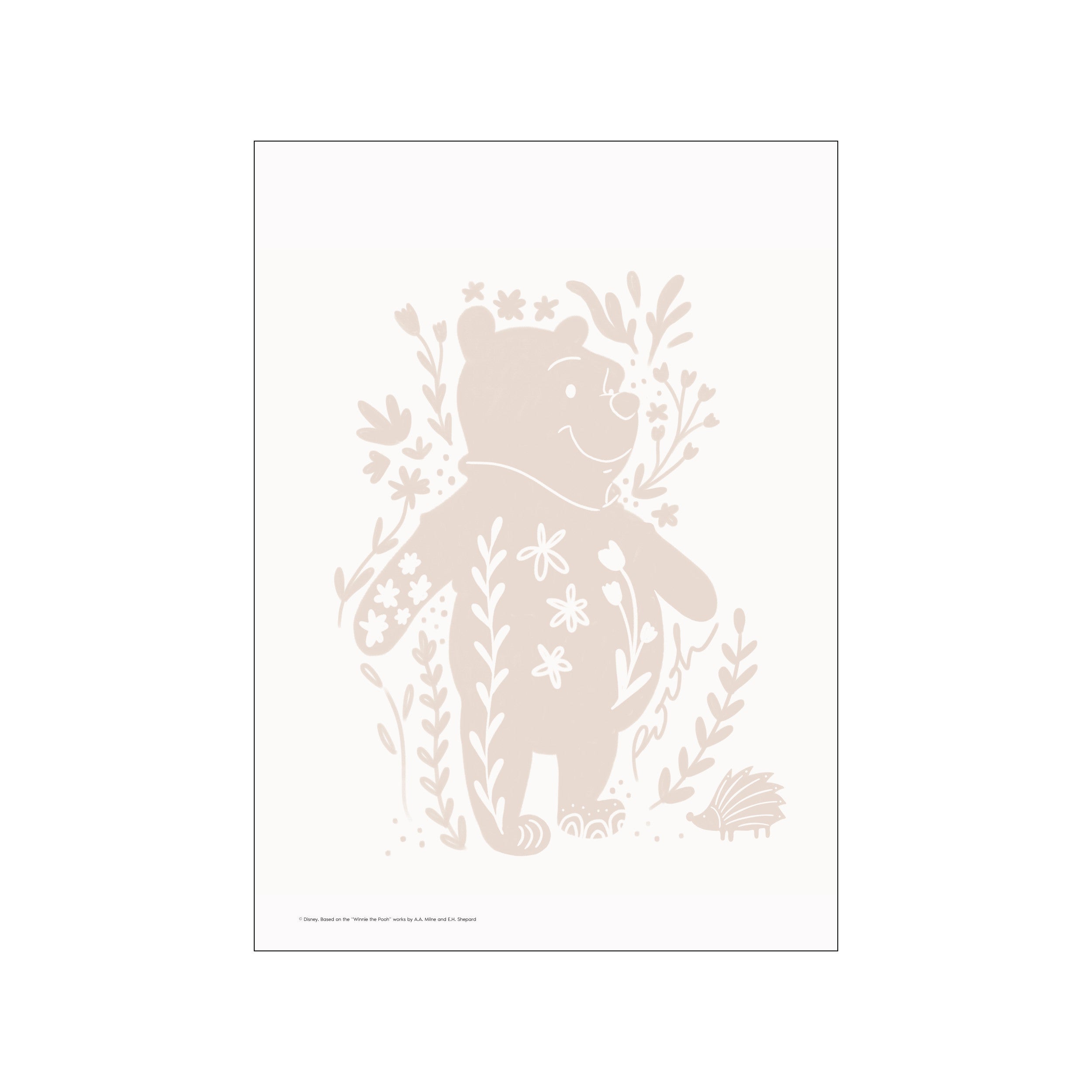 A silhouette of Winnie the Pooh surrounded by delicate, soft-toned floral and foliage motifs, rendered in a pale beige on an off-white background, exuding a gentle and nostalgic charm.