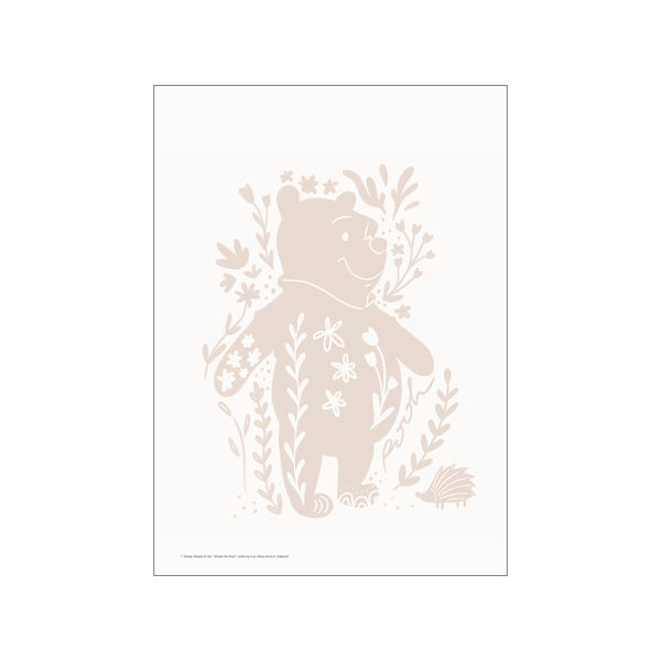 A silhouette of Winnie the Pooh surrounded by delicate, soft-toned floral and foliage motifs, rendered in a pale beige on an off-white background, exuding a gentle and nostalgic charm.
