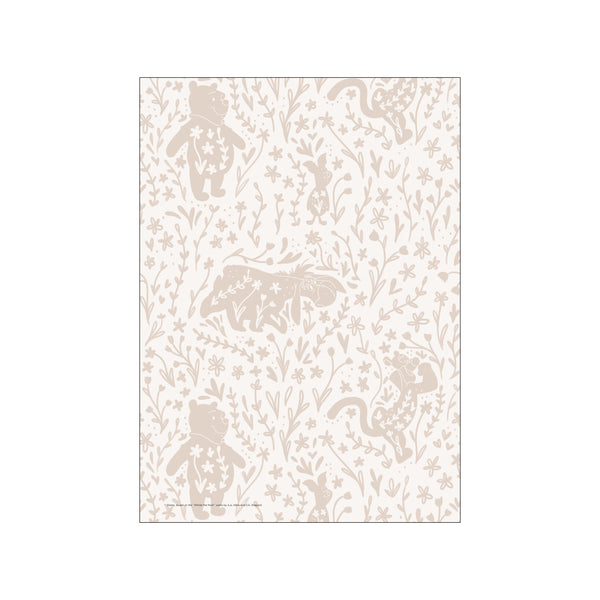 Whimsical beige floral silhouette pattern with figures of Winnie the Pooh, Piglet, and Eeyore peeking through stylized leaves and flowers on an off-white background.