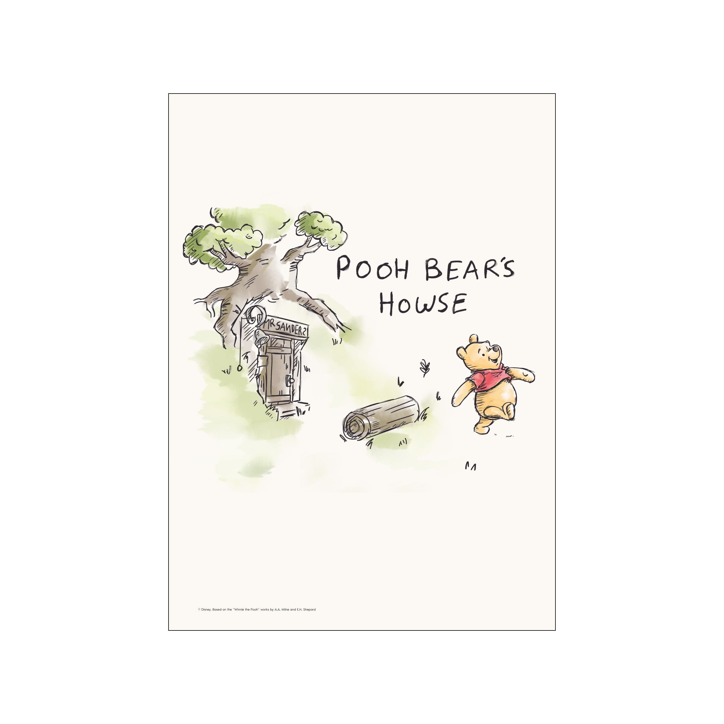 A charming sketch of Winnie the Pooh outside his house under a tree, with soft green and ivory watercolor washes. The artwork evokes a feeling of innocent adventure and gentle nostalgia.