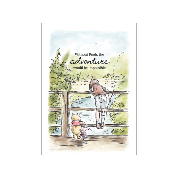 Winnie the Pooh and Piglet stand by a wooden fence looking at a gentle stream, as a young person gazes into the distance. The artwork features a watercolor wash in greens and blues with sketched.