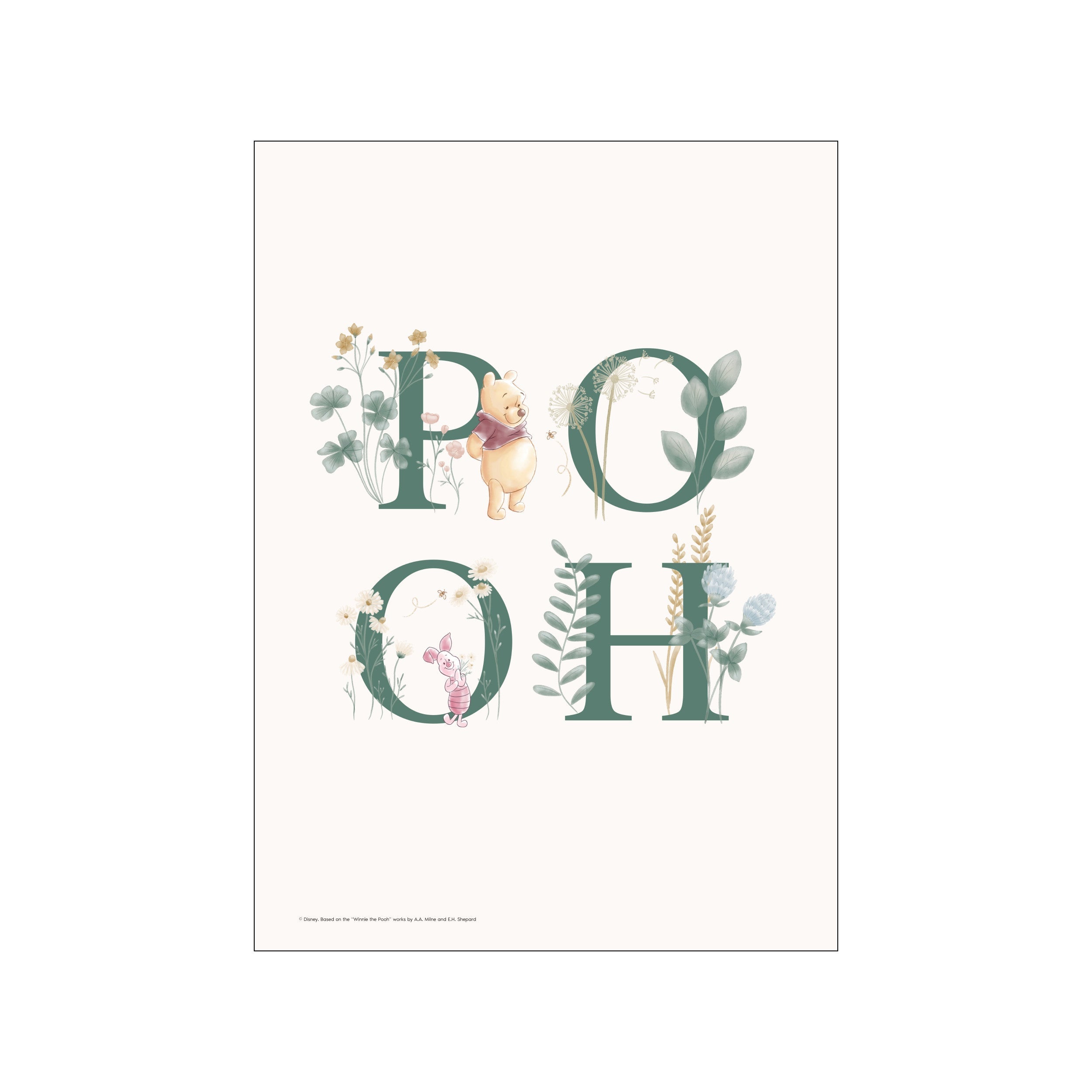 Winnie the Pooh and Piglet stand amidst a serene grid of large, dark green letters intertwined with delicate wildflowers, clover, and soft dandelions. The palette is muted and calming, evoking a vintage storybook feel.