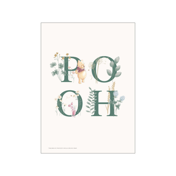 Winnie the Pooh and Piglet stand amidst a serene grid of large, dark green letters intertwined with delicate wildflowers, clover, and soft dandelions. The palette is muted and calming, evoking a vintage storybook feel.
