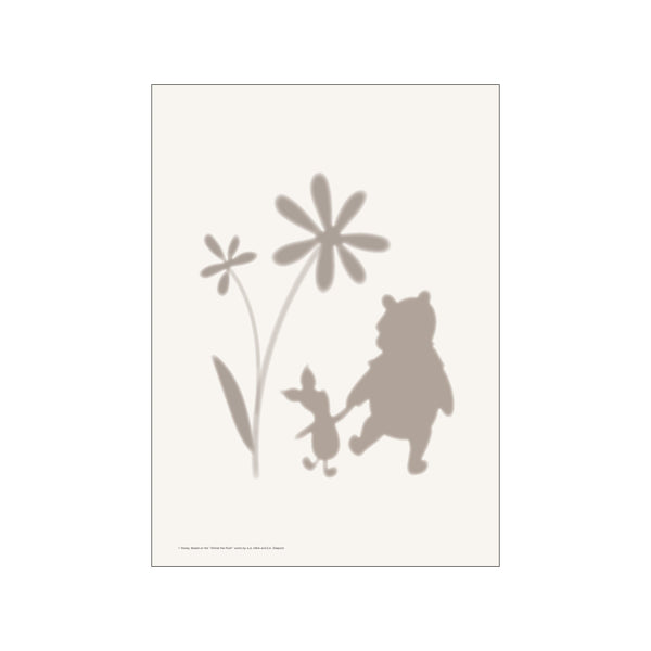 Silhouettes of Winnie the Pooh and Piglet holding hands, with stylized flower shapes, on a soft neutral background. The muted taupe and ivory color palette creates a gentle, whimsical, and tranquil atmosphere.