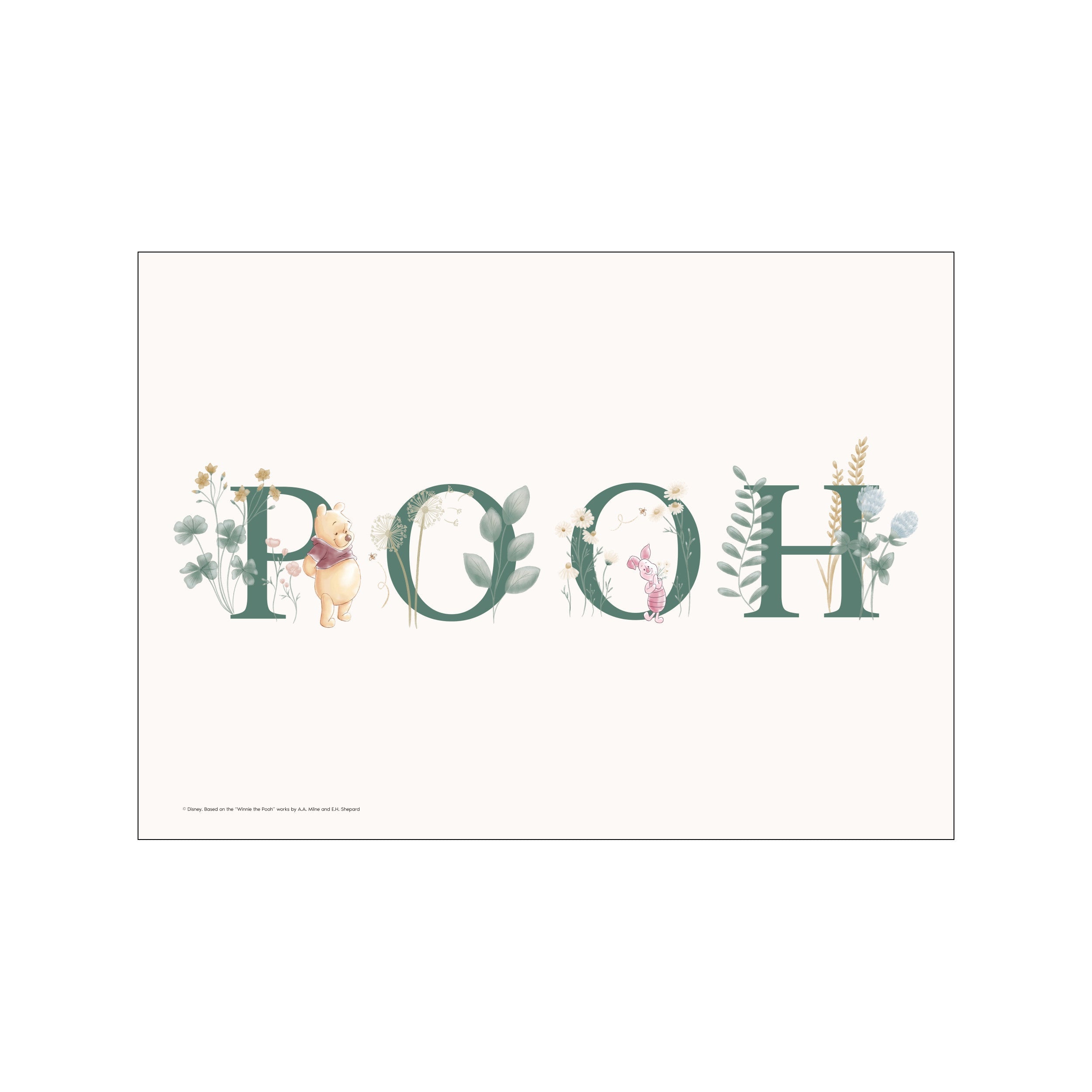 An art print featuring the word 'POOH' formed by large green letters, with Winnie the Pooh and Piglet characters playfully interacting with surrounding delicate floral and botanical illustrations in soft, earthy tones.