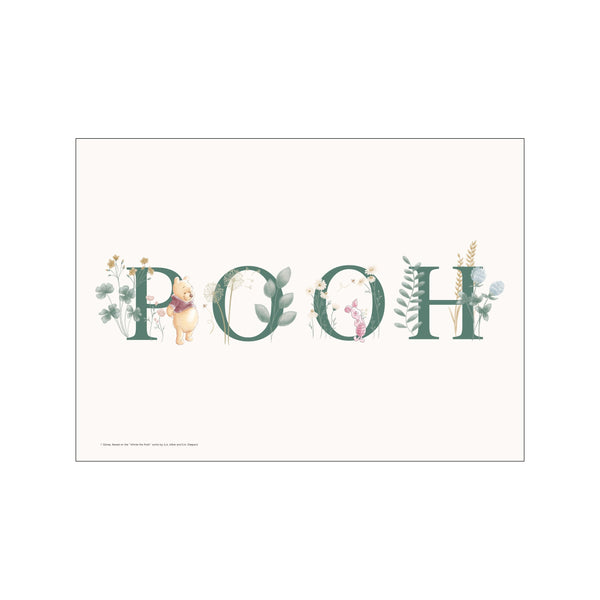 An art print featuring the word 'POOH' formed by large green letters, with Winnie the Pooh and Piglet characters playfully interacting with surrounding delicate floral and botanical illustrations in soft, earthy tones.