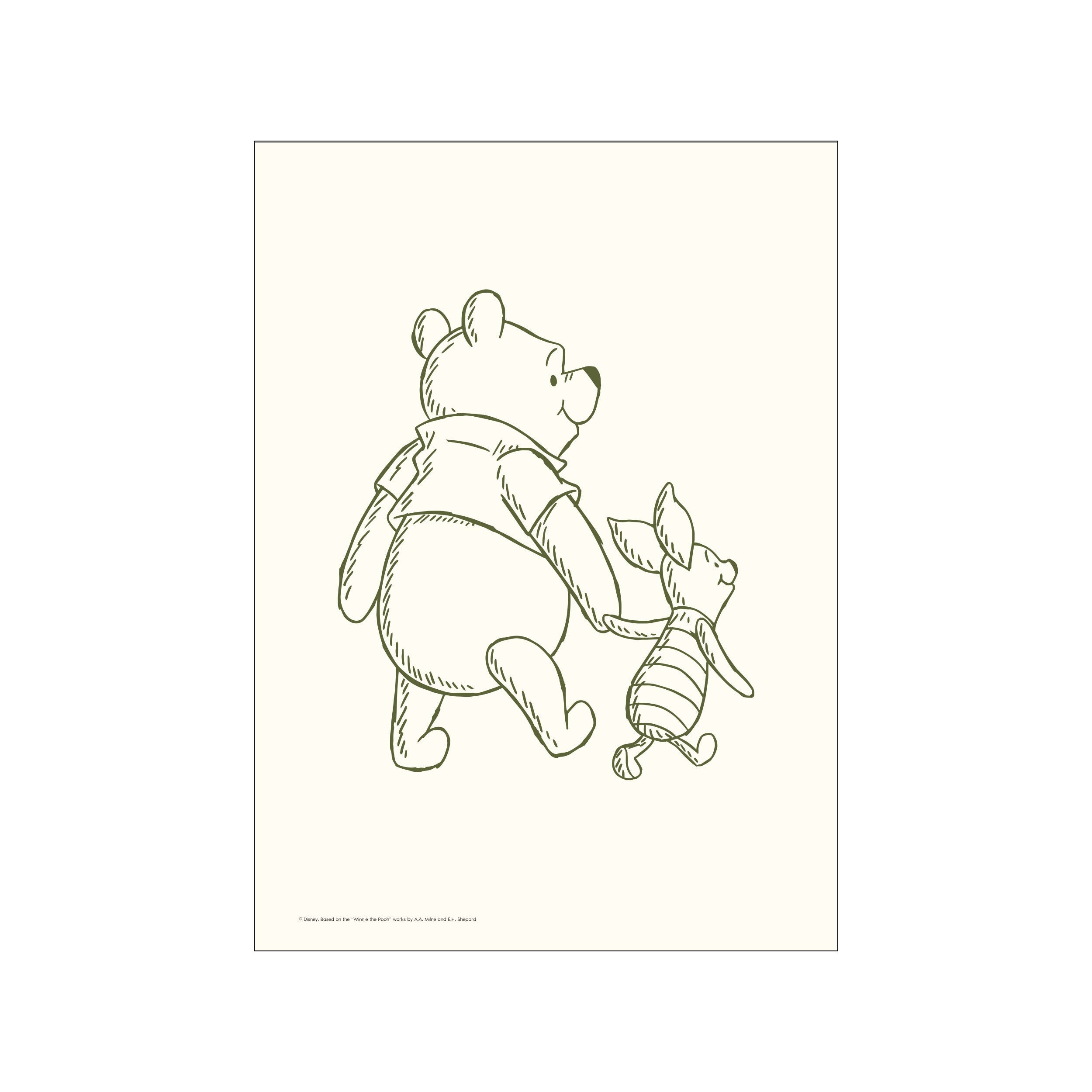 A simple, line-drawn illustration featuring Winnie the Pooh and Piglet holding hands, rendered in olive green against a soft cream background. The artwork conveys a feeling of gentle friendship and nostalgic comfort.