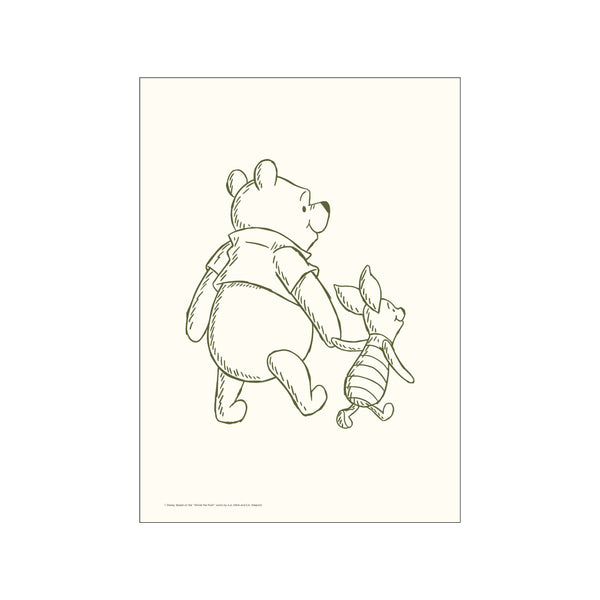 A simple, line-drawn illustration featuring Winnie the Pooh and Piglet holding hands, rendered in olive green against a soft cream background. The artwork conveys a feeling of gentle friendship and nostalgic comfort.