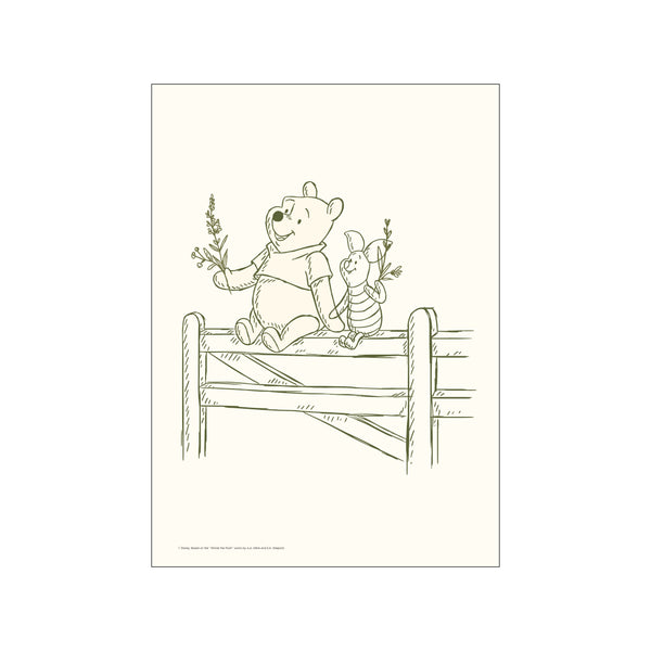 Winnie the Pooh and Piglet sit together on a wooden fence, each holding a sprig of lavender. The illustration is in a soft olive green outline on a creamy background, exuding a gentle and nostalgic.