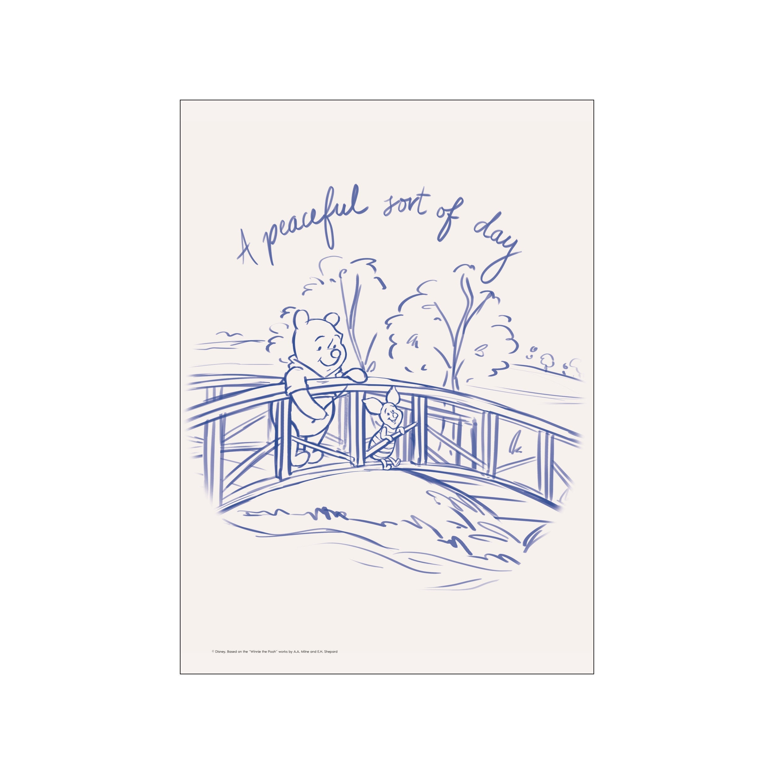 A sweet sketch of Winnie the Pooh and Piglet sharing a moment on a bridge, with a gentle blue line drawing and soft, neutral background, evoking a peaceful and nostalgic atmosphere.