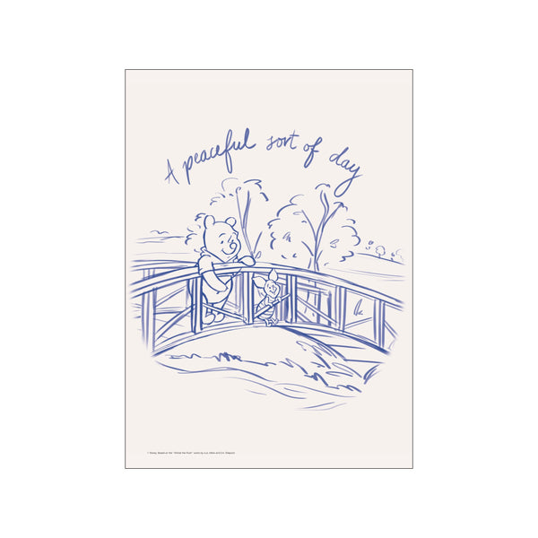 A sweet sketch of Winnie the Pooh and Piglet sharing a moment on a bridge, with a gentle blue line drawing and soft, neutral background, evoking a peaceful and nostalgic atmosphere.