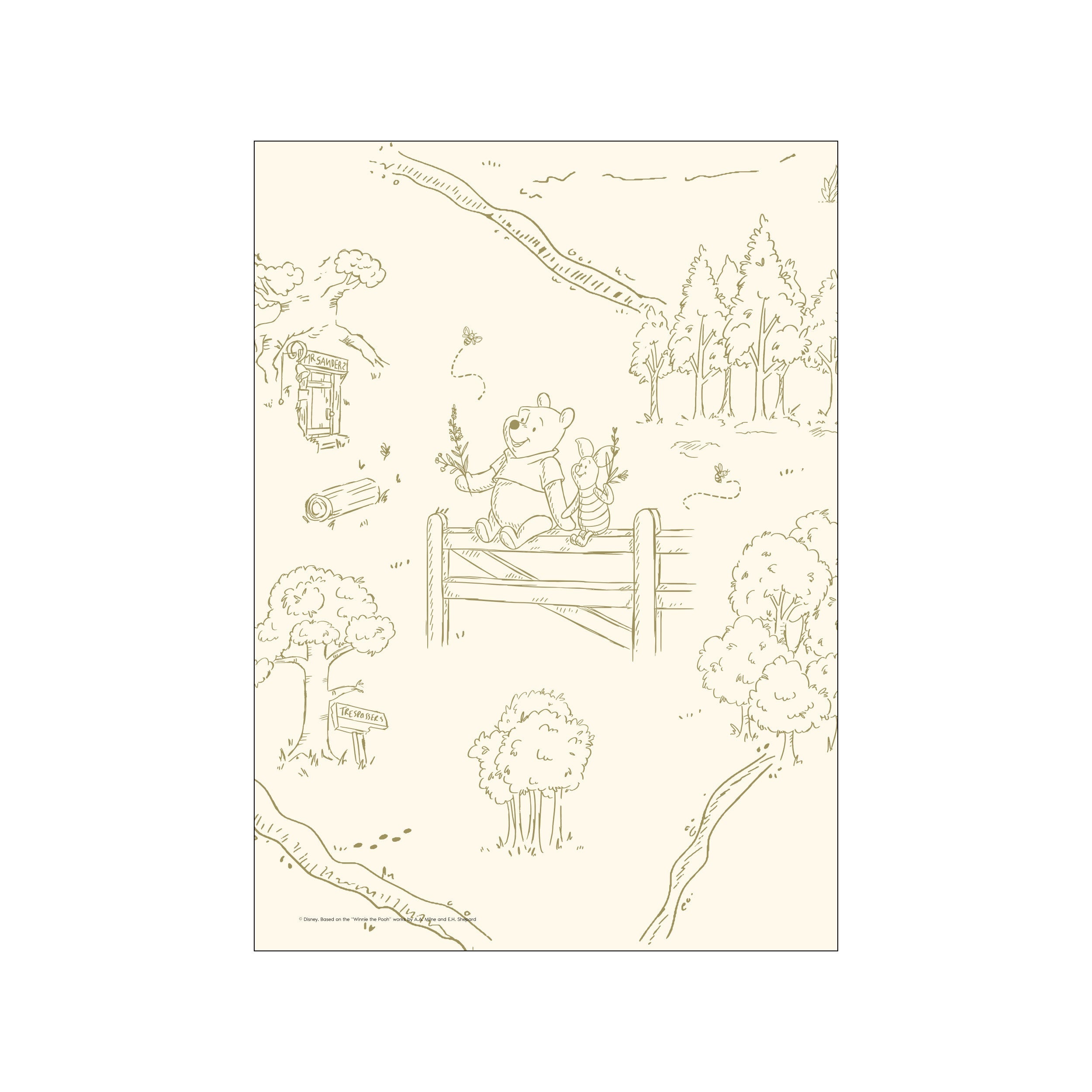 A charming sketch of Winnie the Pooh and Piglet sitting together on a wooden fence, surrounded by trees, bees, and a winding path. The artwork features a soft, monochromatic palette of cream and olive, exuding.