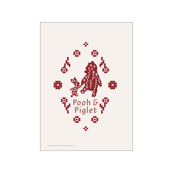A folk-art inspired design of Winnie the Pooh and Piglet in crimson, featuring embroidered details and floral motifs on a soft cream background, evoking a cozy, nostalgic feel.