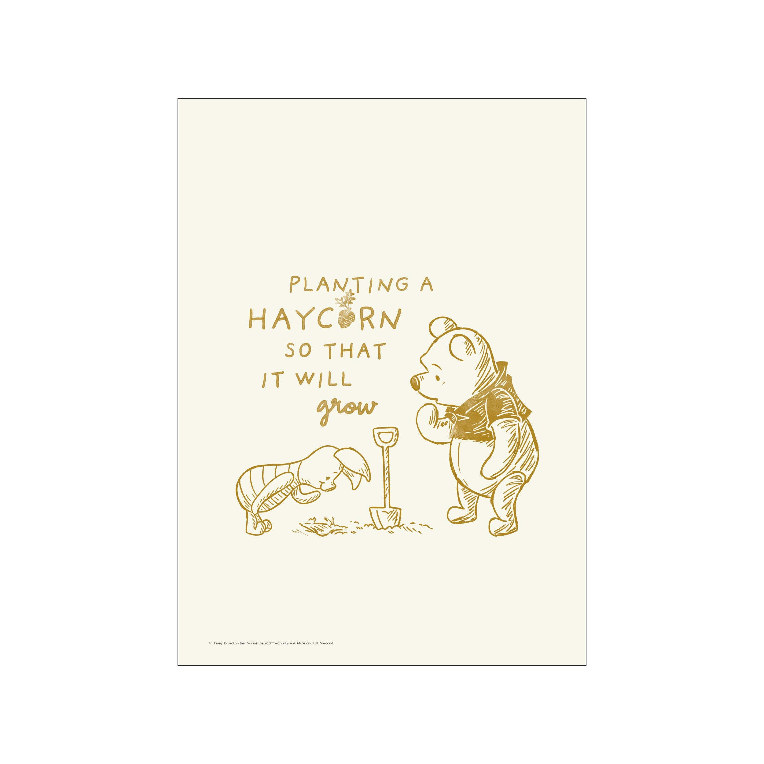 Winnie the Pooh and Piglet planting a haycorn in a garden, depicted with delicate golden lines on a cream background, evoking a sense of gentle joy and anticipation.