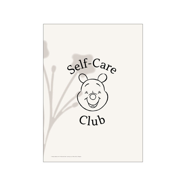 A charming black and white illustration of Winnie the Pooh's smiling face, with 'Self-Care Club' text above and delicate floral shadows to the side, set against a soft, creamy background.
