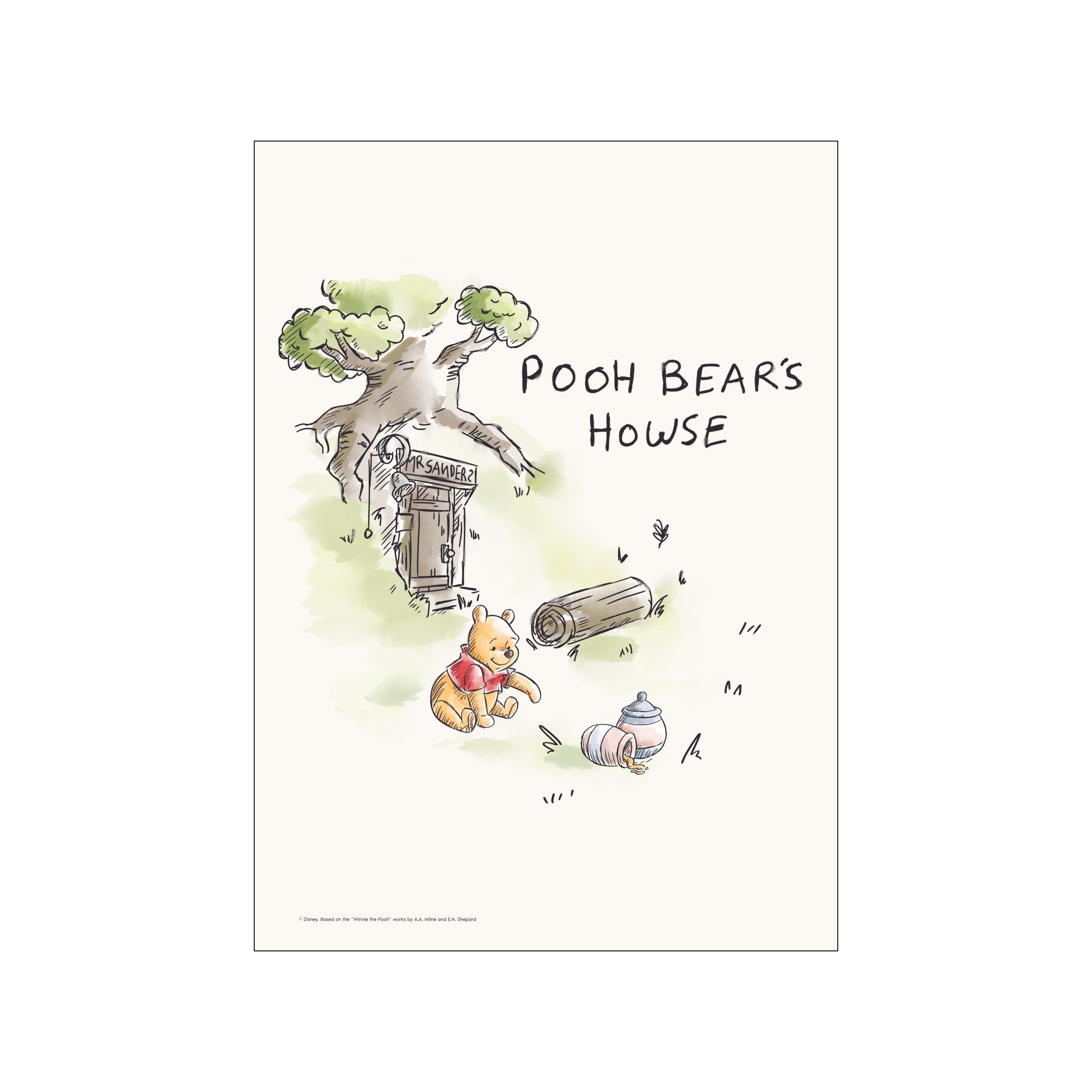 Winnie the Pooh sits by his treehouse home in a soft, watercolor-style illustration with gentle green hues, evoking a serene and nostalgic atmosphere.