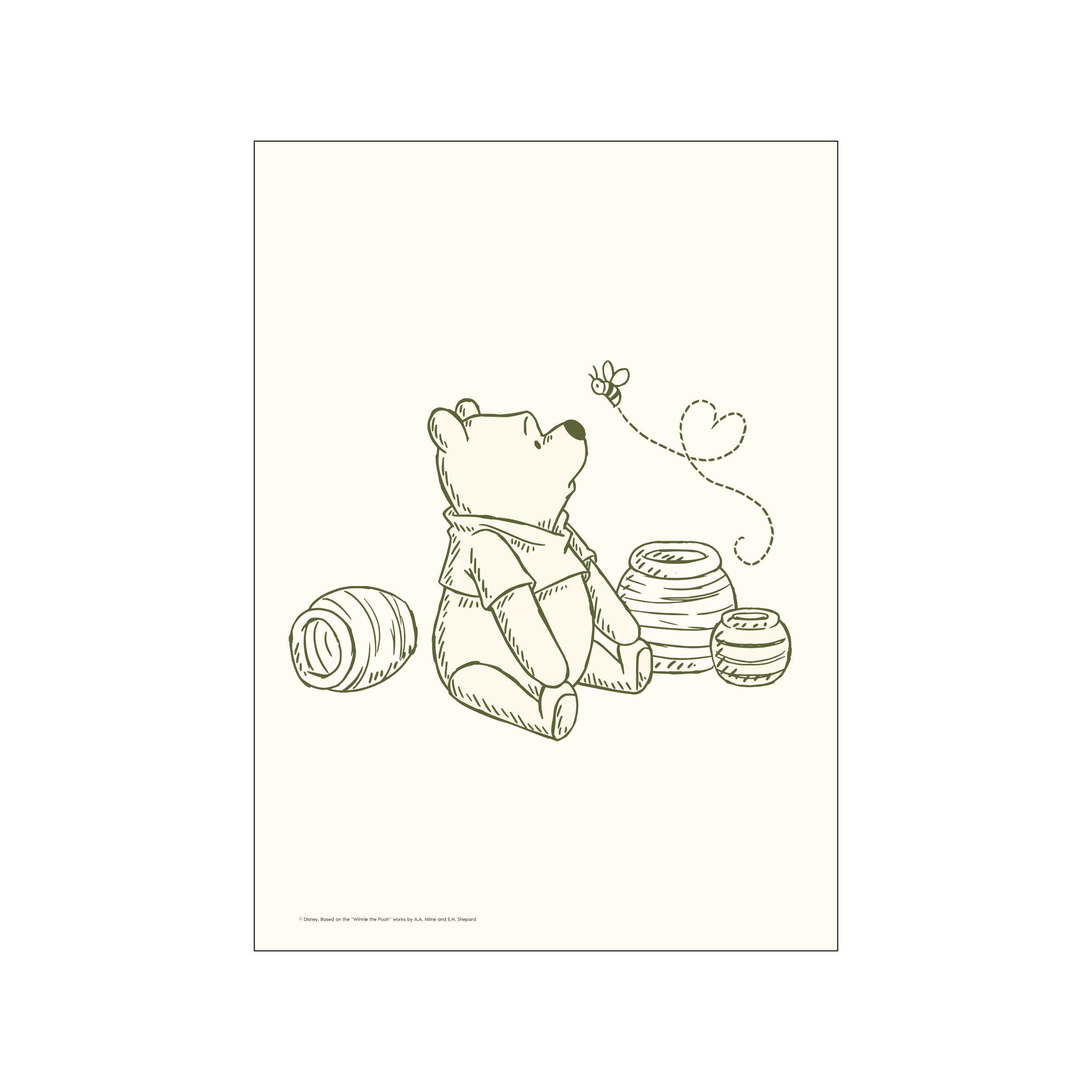 Winnie the Pooh sits looking up at a bee, surrounded by honey pots, rendered in a simple, elegant line drawing with a soft, muted green and cream palette, evoking a sense of gentle curiosity.