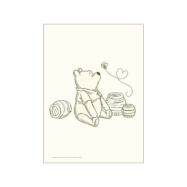 Winnie the Pooh sits looking up at a bee, surrounded by honey pots, rendered in a simple, elegant line drawing with a soft, muted green and cream palette, evoking a sense of gentle curiosity.