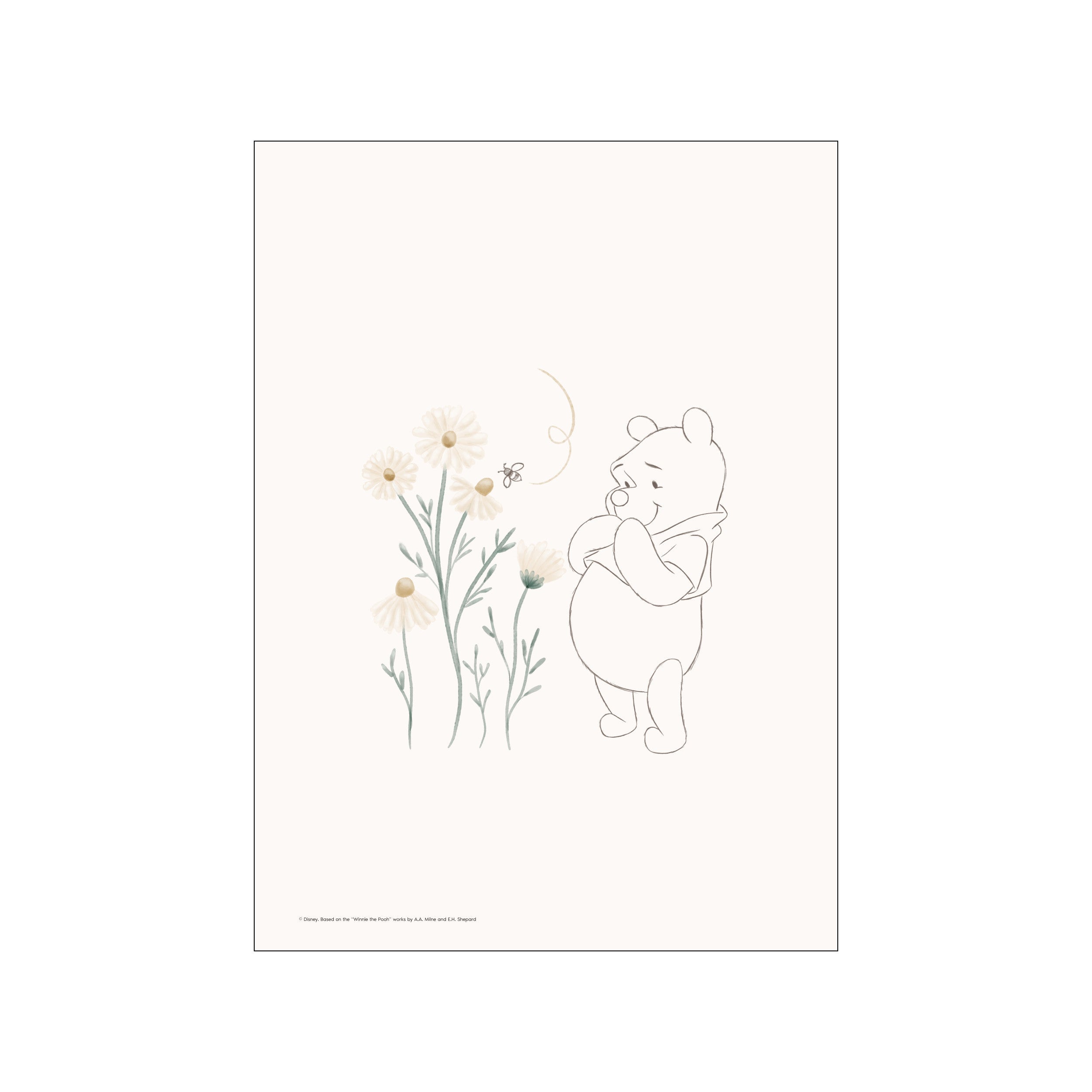 A delicate line drawing of Winnie the Pooh looking with gentle curiosity at a cluster of soft, pale daisies and a small bee, rendered in a minimalist sketch style with subtle watercolor touches.