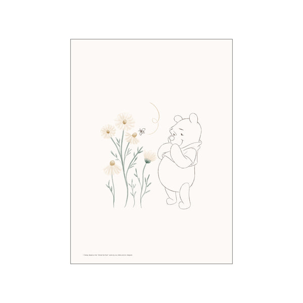 A delicate line drawing of Winnie the Pooh looking with gentle curiosity at a cluster of soft, pale daisies and a small bee, rendered in a minimalist sketch style with subtle watercolor touches.
