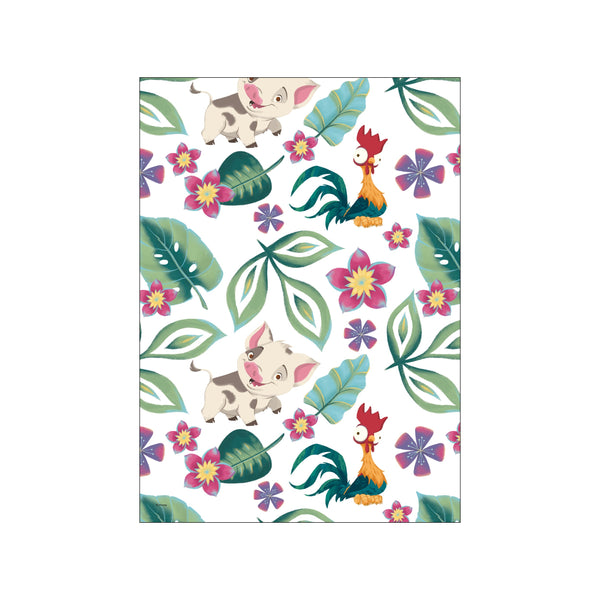 A whimsical tropical pattern featuring Pua the pig and Hei Hei the rooster amidst lush green monstera leaves and fuchsia and periwinkle flowers on a white background, evoking a playful and serene island vibe.