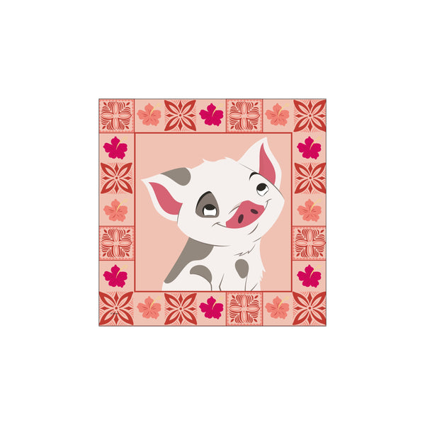 A cheerful, spotted piglet named Pua peeks out from behind a decorative border of stylized hibiscus flowers and geometric patterns in shades of coral, pink, and terracotta.