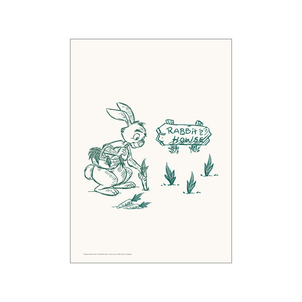 A charming sketch of Disney's Rabbit looking at a sign that reads 'Rabbit's House' while holding a carrot from his garden. The artwork features a simple green outline on a cream background, evoking a gentle.
