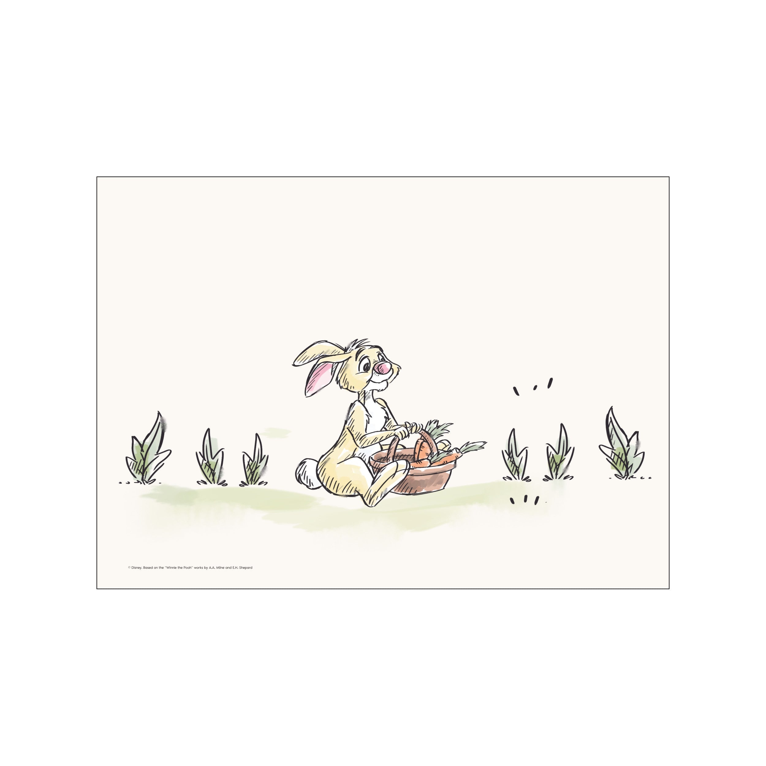 A whimsical watercolor illustration of a charming rabbit sitting in a field, holding a basket overflowing with vibrant orange carrots. The background is a soft, creamy white with hints of green grass.