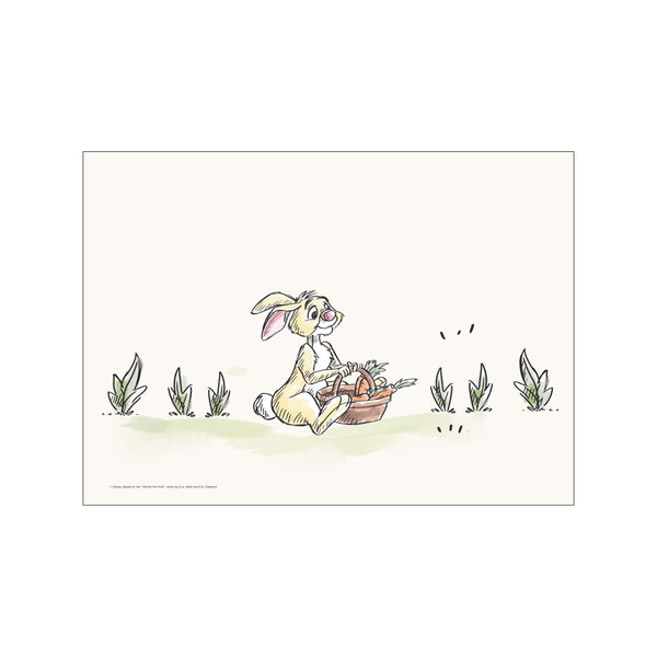 A whimsical watercolor illustration of a charming rabbit sitting in a field, holding a basket overflowing with vibrant orange carrots. The background is a soft, creamy white with hints of green grass.