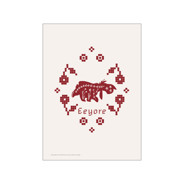 A deep red silhouette of Eeyore surrounded by floral elements and geometric cross-stitch patterns against a pale beige background, adding a touch of whimsical nostalgia.