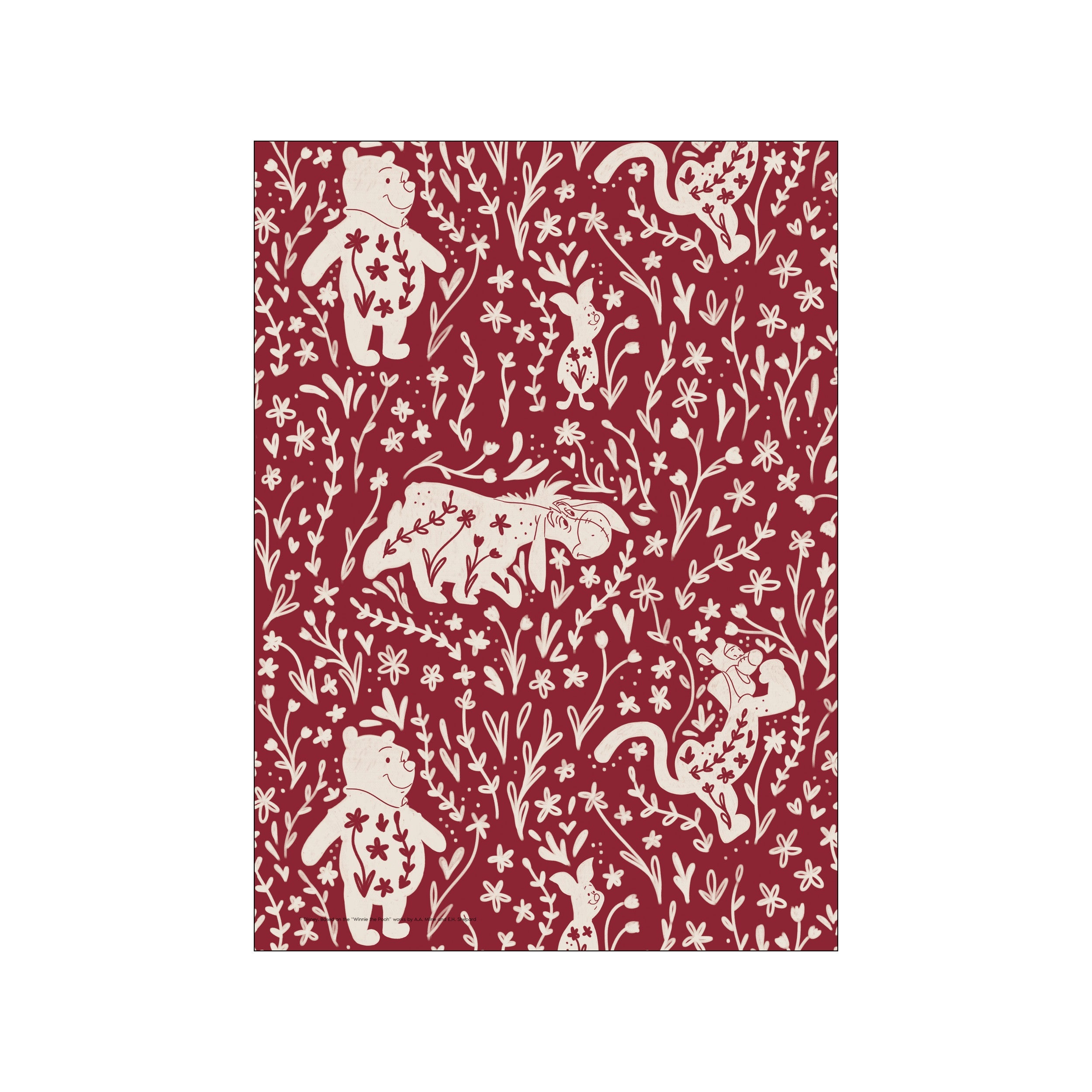 A playful pattern featuring cream-colored outlines of beloved characters peeking through whimsical flowers and foliage against a deep red background, creating a charming and whimsical visual.